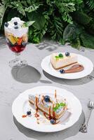 Desserts beautifully arranged on white plates with fresh fruits and toppings in a green setting photo