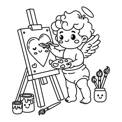 Adorable Cupid illustration painting a heart on a canvas, surrounded by brushes and paint.
