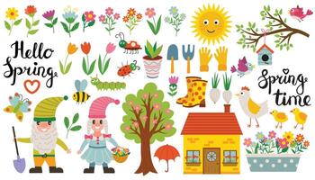 Spring set of design elements with garden gnomes, house, birds and flowers. Spring set of cute stickers in cartoon flat style. vector