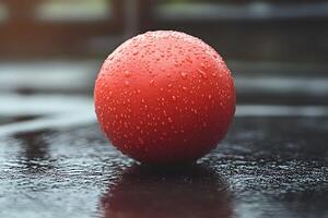 Red Rubber Ball with Water Droplets on Wet Surface Minimalism and Playful Design Concept photo