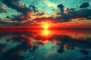 Stunning Sunset Reflections Over Calm Ocean Waters for Tranquil Wall Art or Nature-Themed Design photo