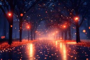 Enchanted Evening Pathway with Glowing Lanterns and Sparkling Lights photo