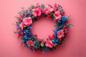 Vibrant Floral Wreath on Pink Background for Spring Decor and Design photo