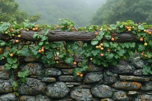 Lush Vineyard Grapevines on Rustic Stone Wall in Misty Countryside photo
