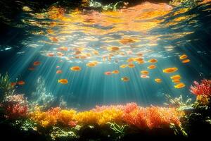 Vibrant Coral Reef with Sunlit Tropical Fish in Serene Underwater Ocean Scene photo