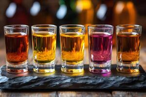 Colorful Assortment of Shots on Rustic Slate Tray for Lively Bar Decor and Beverage Menu Design photo