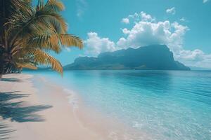 Tropical Paradise Beach with Palm Trees and Turquoise Waters Under Clear Sky photo