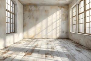 Sunlit Empty Room with Rustic Wooden Floors and Large Windows for Interior Design Inspiration photo