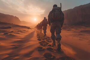 Sunset Desert Trek Soldiers Marching on Sandy Terrain, Ideal for Adventure and Military Themes photo