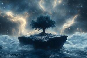Surreal Tree on Floating Island Amid Cosmic Ocean - Nature's Dreamscape for Artistic Designs photo