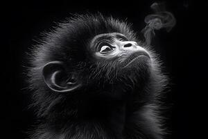 Expressive Monkey Portrait in Monochrome Capturing Contemplation and Curiosity photo