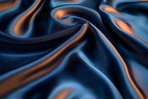 Luxurious Blue Satin Fabric with Warm Highlights for Texture and Design Concepts photo