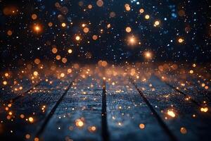 Sparkling Bokeh on Rustic Wooden Surface Enchanting Background for Festive Design photo