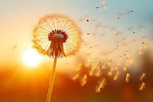 Sunset Dandelion with Seeds in the Breeze - Nature Tranquility for Print and Poster Design photo
