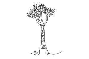 Single continuous line drawing quiver tree forest. Decorative aloidendron dichotomum for home decor wall art poster print. Tourism and travel series. One line draw graphic design illustration vector
