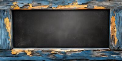 Rustic wooden blackboard, frame with vibrant blue paint peeling around a blank slate chalkboard surface ready for artwork or signage display with copy space photo
