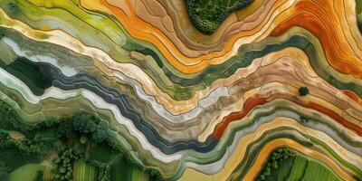 natural oganic flowing wave pattern lines abstract aerial view texture background. nature farming field grasslands trees and forest colorful from top view photo