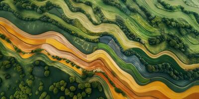 natural oganic flowing wavy lines abstract aerial view texture background. nature farming field grasslands trees and forest colorful from top view photo