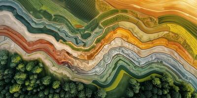 organic flowing wavy lines abstract aerial view texture background. nature farming field grasslands trees and forest colorful from top view photo