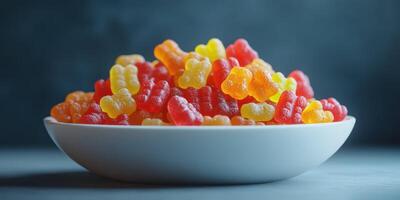 Colorful gummy bears piled high in a white bowl against a dark background, showcasing vibrant candy textures photo