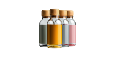 Four reusable glass bottles with wooden lids isolated on transparent background png