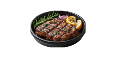 Grilled steak with rosemary and lemon in cast iron pan isolated on transparent background png