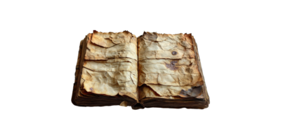 Aged open book with worn pages isolated on transparent background png