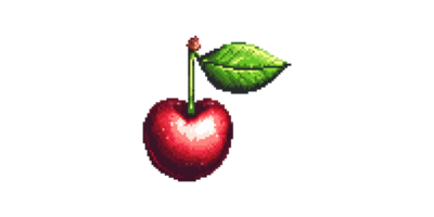 Pixel art red cherry with green leaf isolated on transparent background png