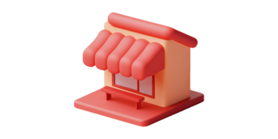 Small 3d storefront building with awning isolated on transparent background png