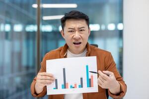 Asian man holding a printed chart while expressing concern about data analysis results. photo