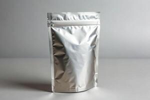 Close-up view of silver foil pouch product packaging minimalist background studio setting material quality photo
