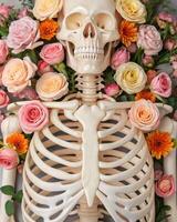 Death and life close-up view of a human skeleton surrounded by flowers in a bright artistic environment photo