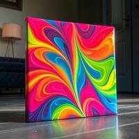 Vibrant fluid art displaying glossy resin material in a modern living room environment abstract shapes and merging colors photo
