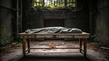 Death on a dilapidated table abandoned location gruesome scene overgrown environment eerie viewpoint photo