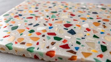 Close-up view of terrazzo material studio textured surface bright environment macro photography concept photo