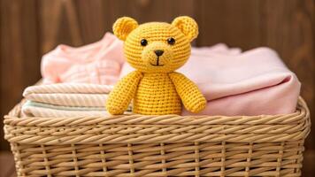 Soft toy bear in a wicker basket cozy nursery setting close-up view warm and inviting atmosphere photo
