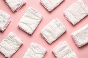 Soft unfolded baby diapers high angle close-up view pink background soft texture gentle environment photo