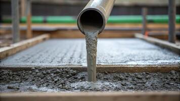 Construction action pouring wet concrete material in a building site environment close-up view of the process photo
