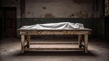 Death of a body covered on a dilapidated table in an abandoned room gritty environment haunting concept photo
