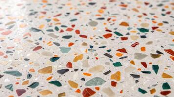 Close-up view of a colorful terrazzo material indoor setting textured surface modern design artistic concept photo