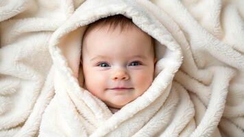 Soft smiles of an adorable baby wrapped in a cozy blanket home setting close-up photography warm environment photo