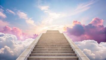 Staircase ascending into a pastel sky signifying death cloudy horizon visual art tranquil environment serene viewpoint photo