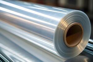 Close-up of a roll of shiny transparent plastic material in a manufacturing facility environment photo
