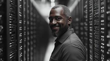 A man stands in a dimly lit data center smiling while surrounded by rows of server racks photo