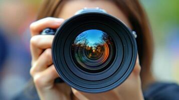 Individual focuses a camera lens towards the viewer, capturing a vibrant sunset in the background photo