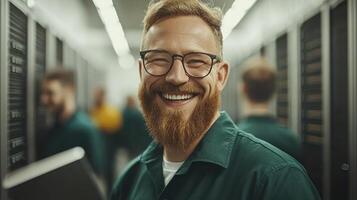 Man with beard and glasses smiles while managing servers in a busy data center environment photo