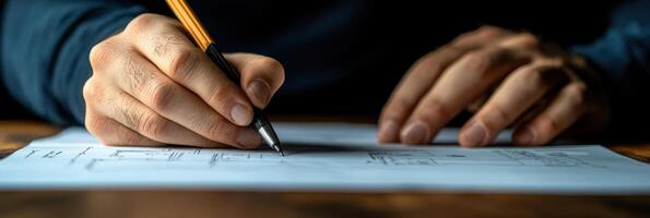 Hands are focused on drafting a design with a pen on paper while seated at a wooden table in low light photo