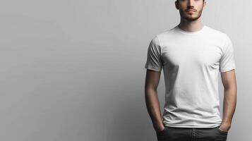 Man poses confidently with hands in pockets wearing a plain white shirt in minimalistic setting photo