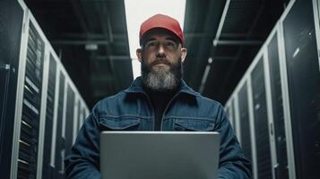 Individual focuses on laptop while standing among rows of server racks in a dark data center photo