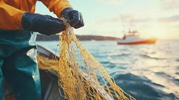 Fisherman carefully untangles a fishing net while enjoying the serene sunset on the water photo